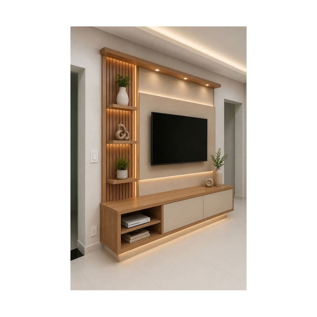 Modern LED TV Unit with Wooden Slat Panel