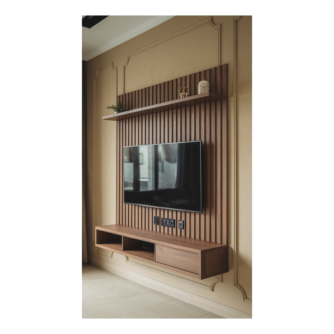 Floating Wooden TV Unit with Slat Panel