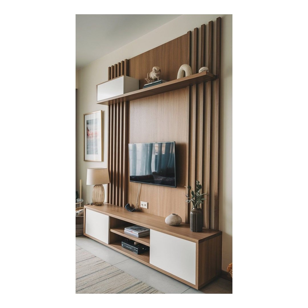 Modern Wooden TV Unit with Decorative Slat Panel
