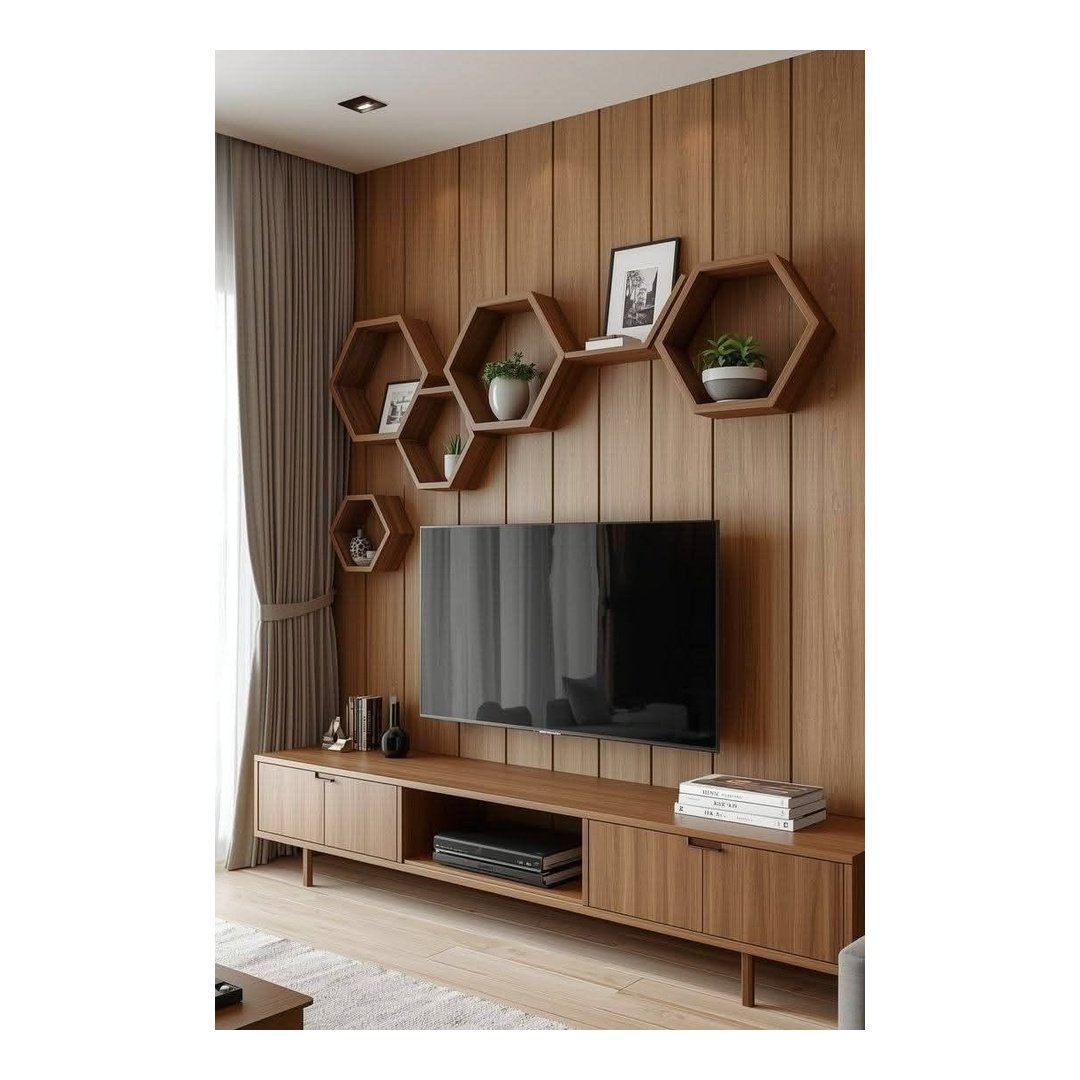 Modern Wooden TV Unit with Hexagon Wall Shelves