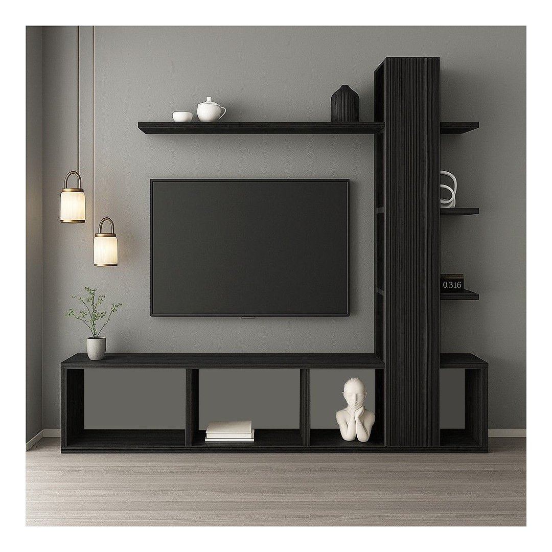 Modern Black Floating TV Unit with Vertical Display Shelf