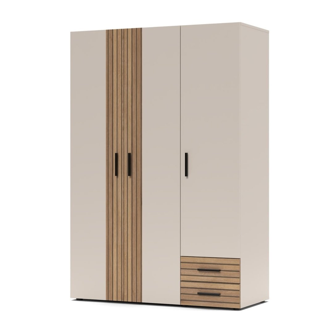 Modern Three-Door Wardrobe – Fluted Beige & Oak Finish