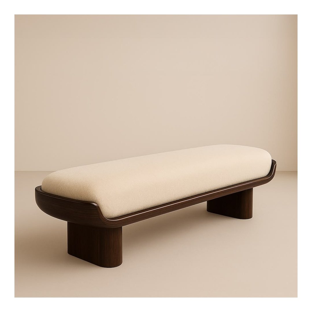 Curved Wood Bouclé Bench