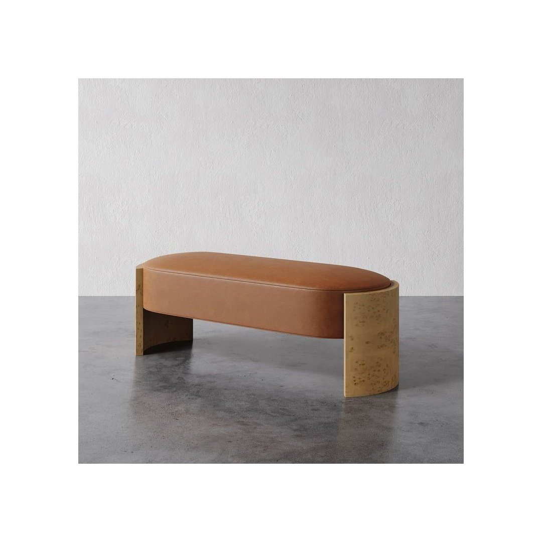 Luxury Leather Upholstered Bench with Brass Base