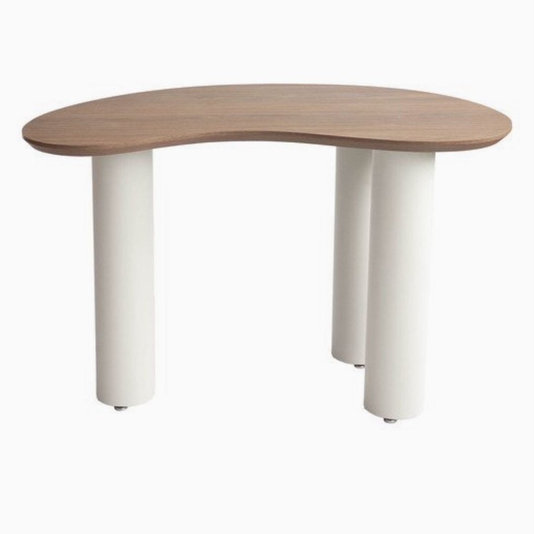 odern Kidney-Shaped Wooden Coffee Table with White Pedestal Legs