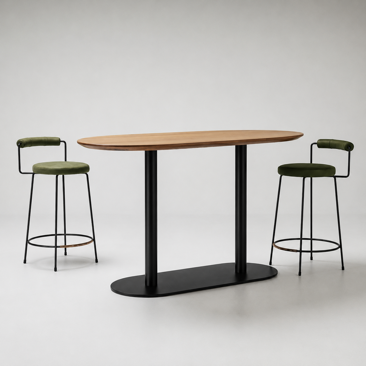 Modern Oval Bar Table with Wooden Top & Black Double Pedestal Base