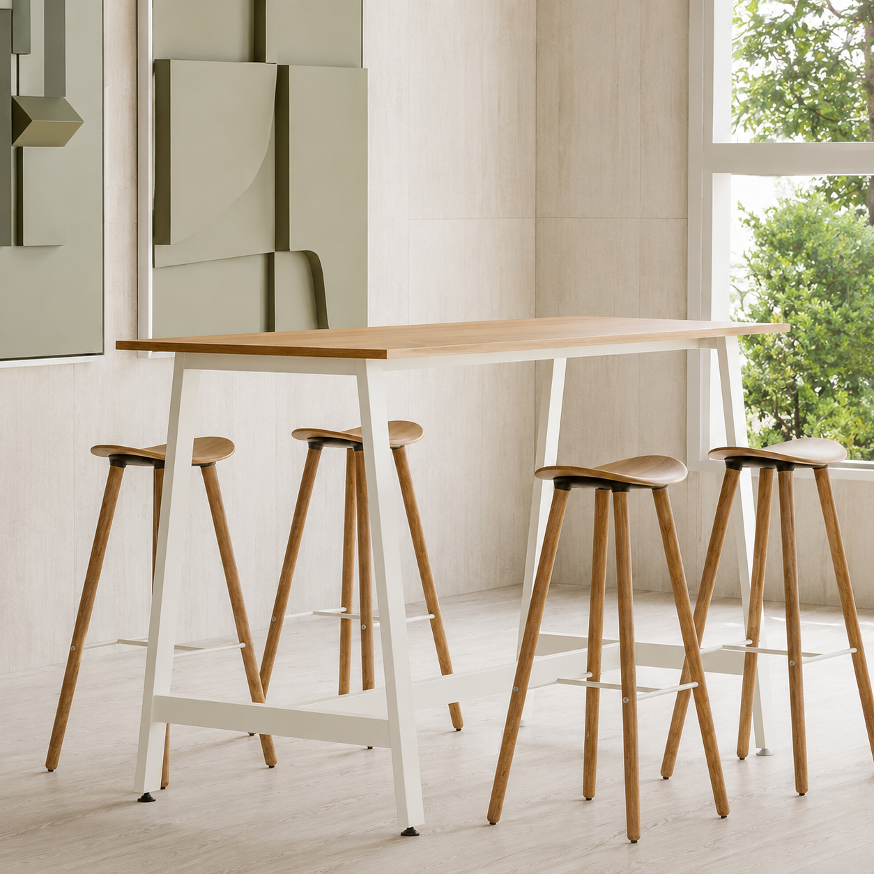 Modern Scandinavian Bar Table with White Frame & Wooden Top