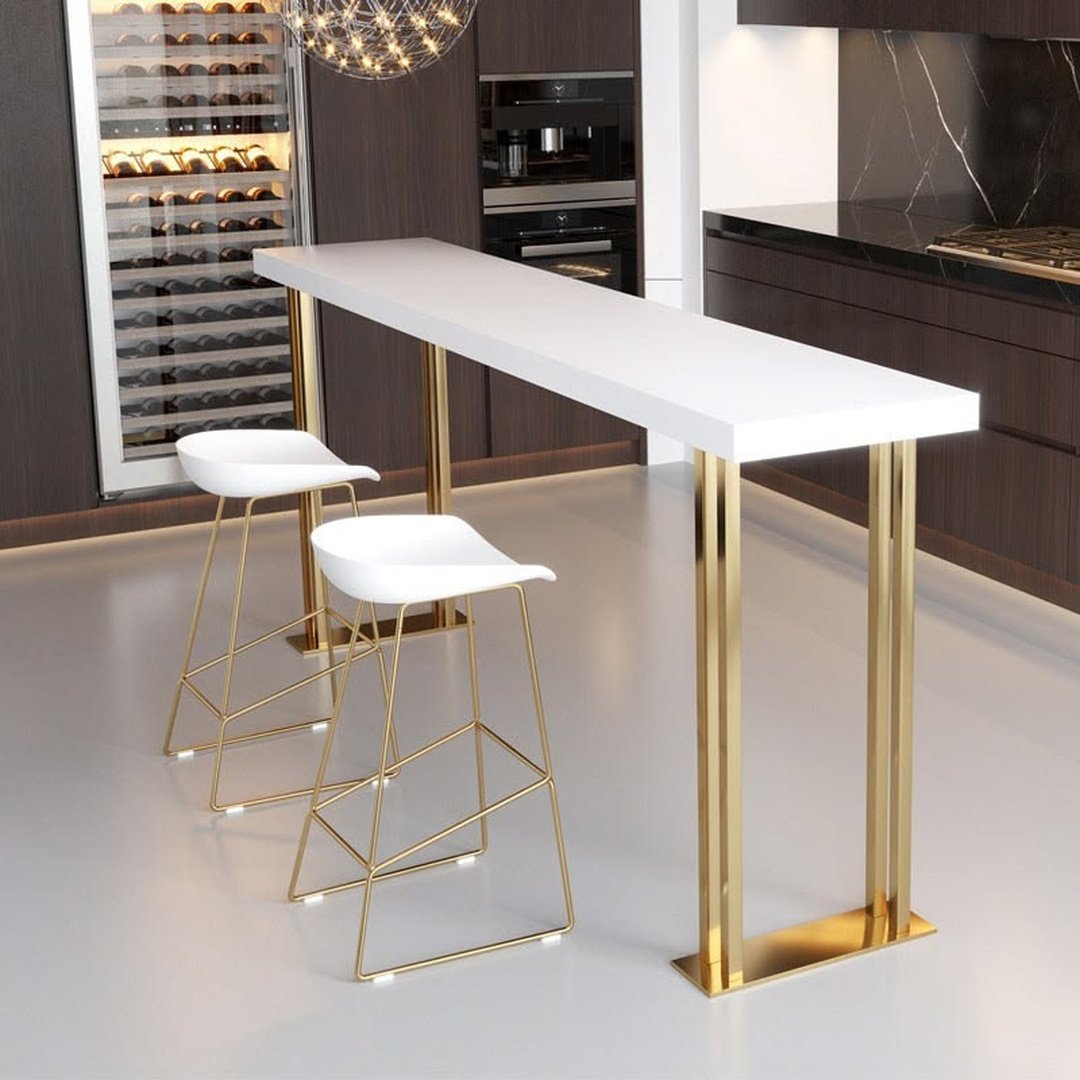 Modern White Bar Table with Gold Metal Double-Leg Base