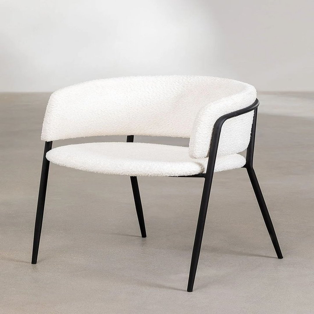 White Bouclé Lounge Chair with Black Metal Frame