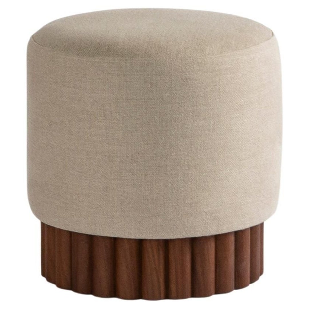 Beige Upholstered Pouf with Wooden Base