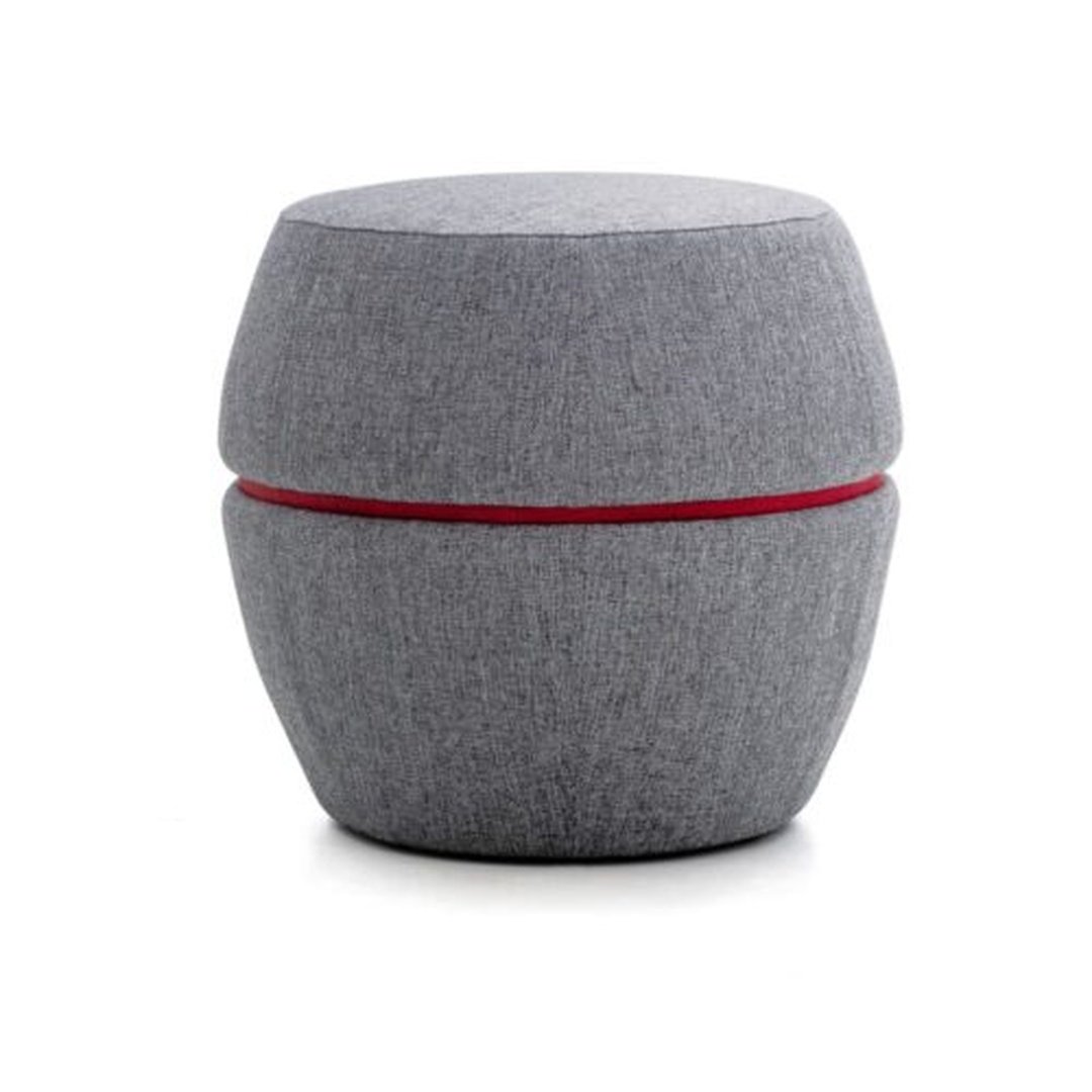 Grey Round Upholstered Pouf with Red Accent