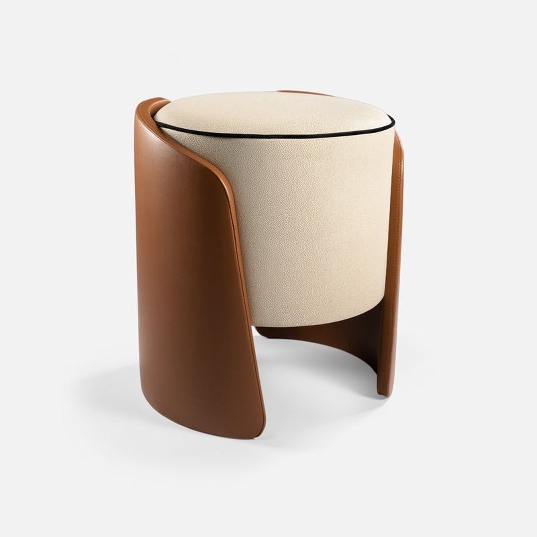 Cream Upholstered Pouf with Brown Leather Frame