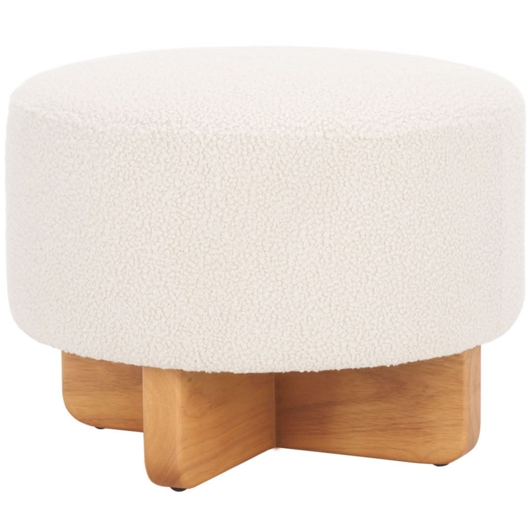 Cream Plush Upholstered Pouf with Wooden Base