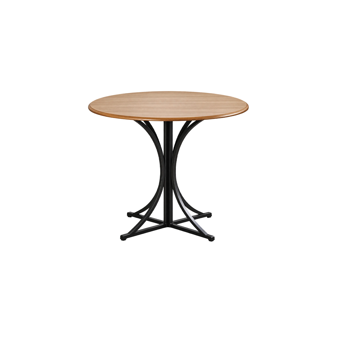Round Wooden Table with Curved Black Metal Base