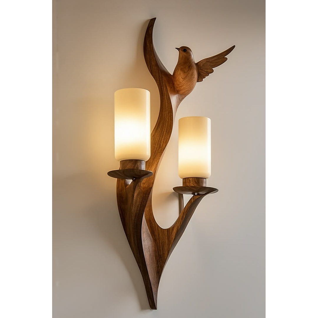 Wooden Bird & Double Candle Wall Sconce